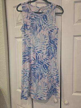 Blue Water Tropical Leaf Sleeveless Dress in Blue & Light Pink